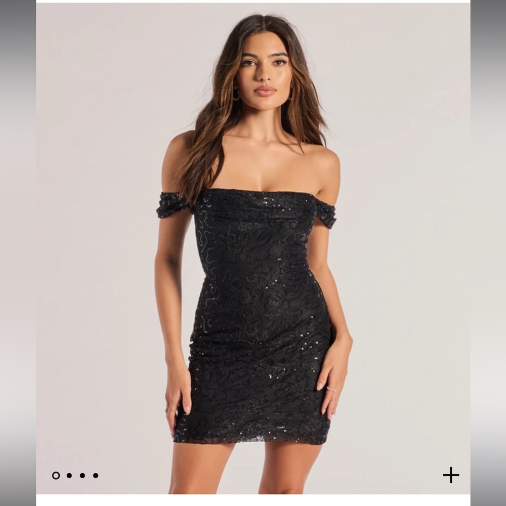 Sabrina Off-The-Shoulder Lace Sequin Mini Dress in Black